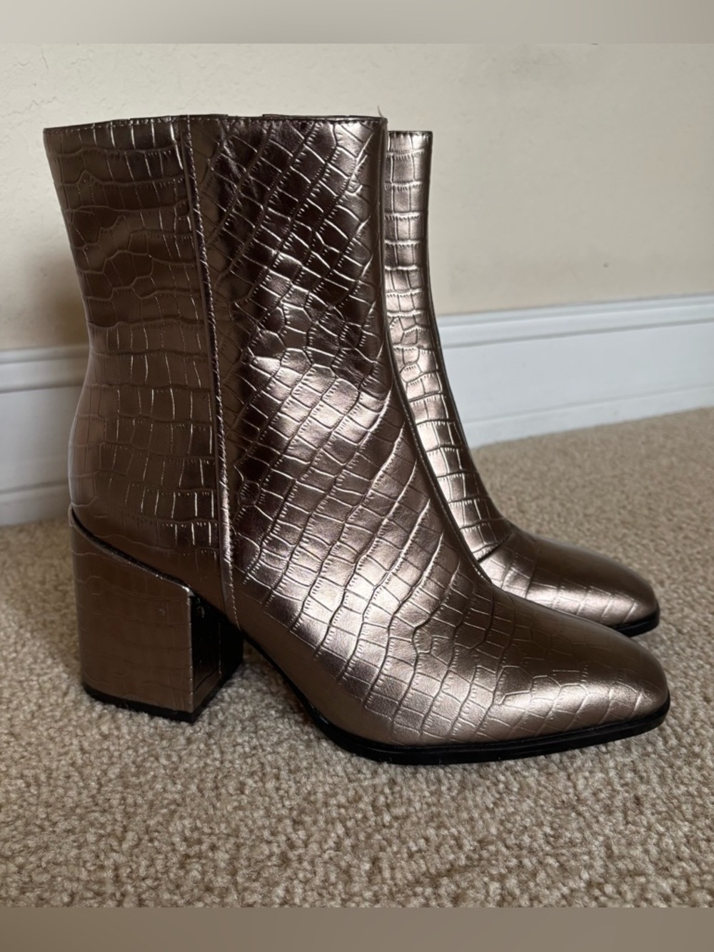 Vionic Metallic Croc-Embossed Ankle Boots in Rose Gold